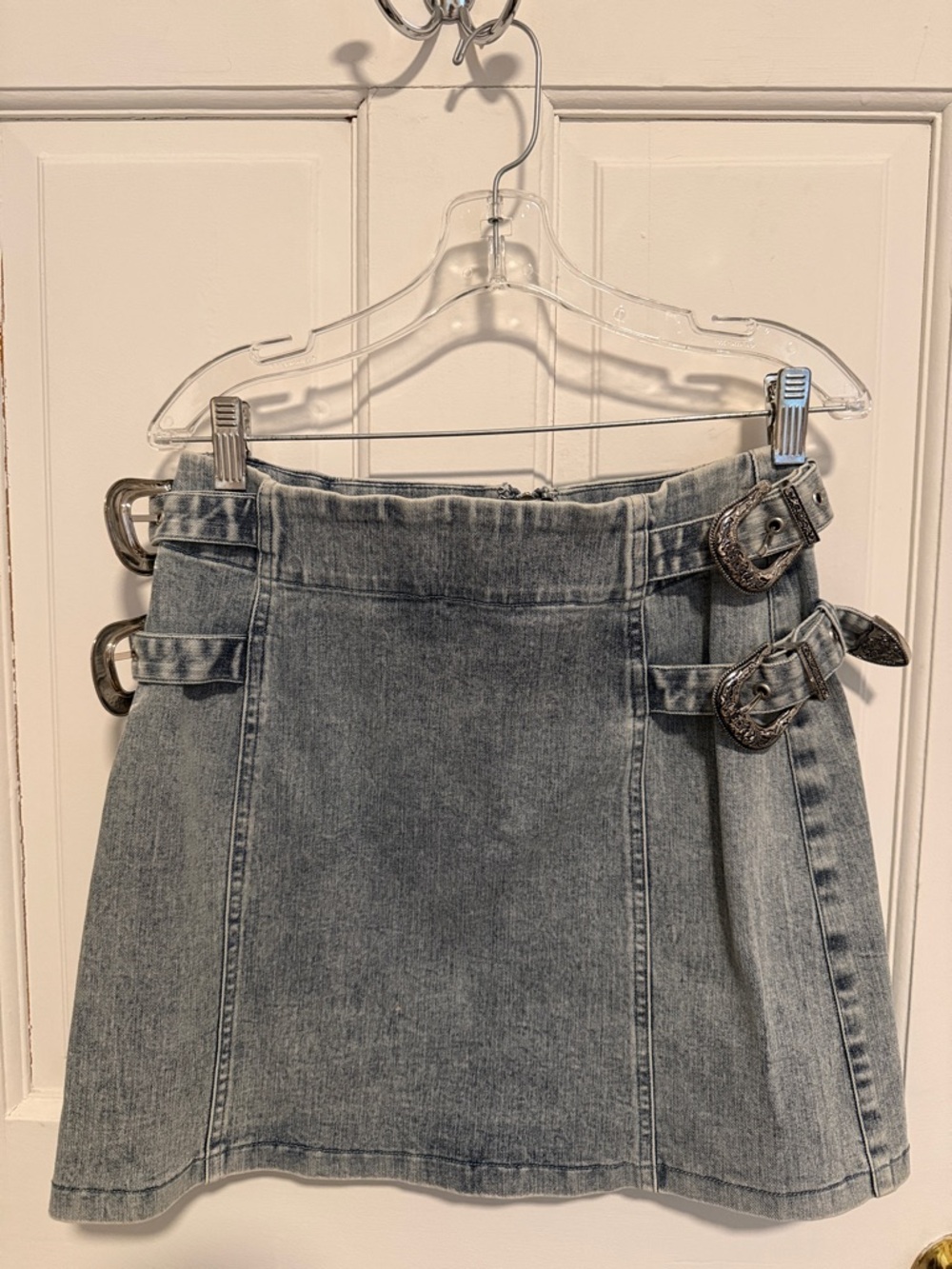 High-Rise Light Wash Denim Mini Skirt with Buckle Detail